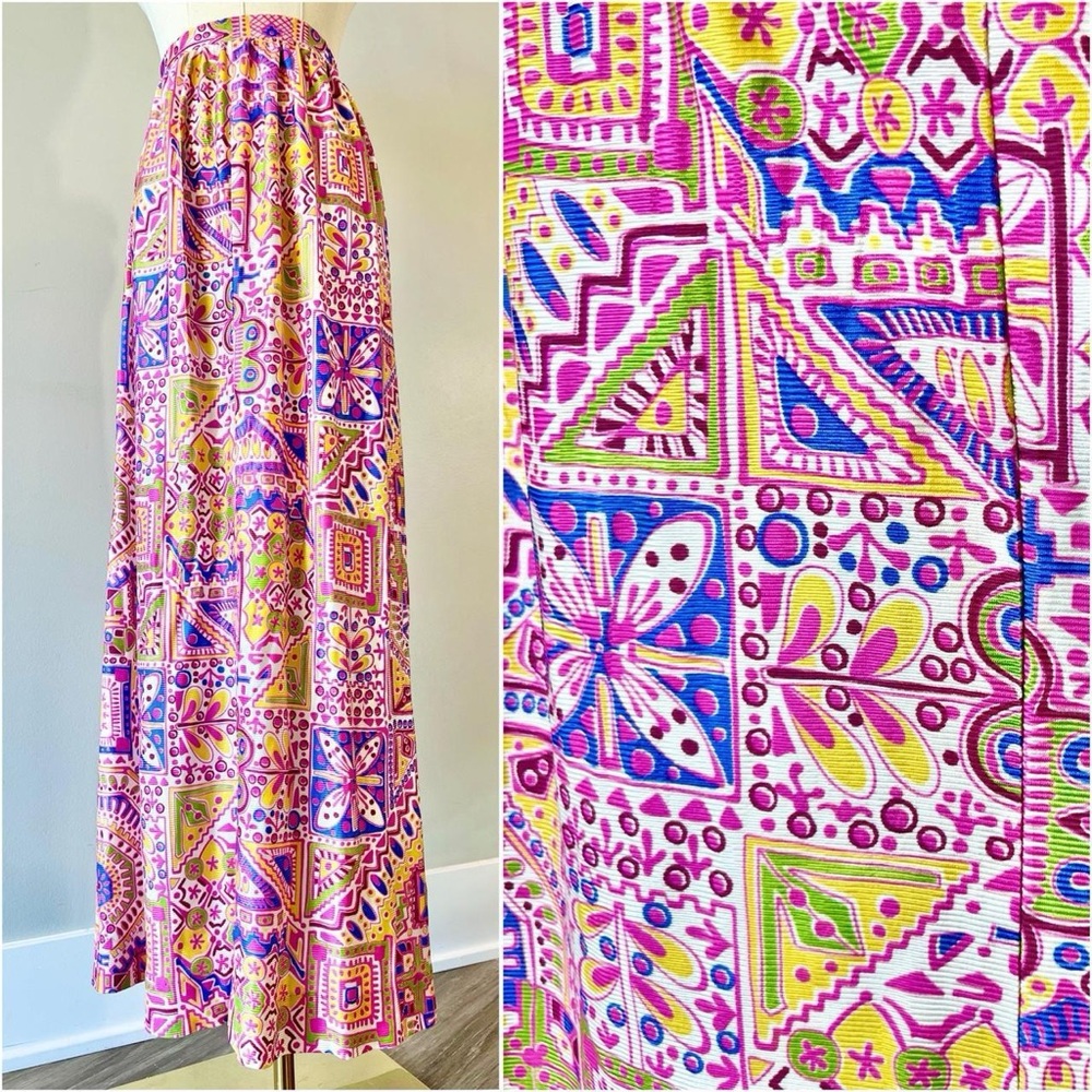 Vintage 1970s Novelty Print Skirt Flowers Tiki Tropical Colorful 70s Retro